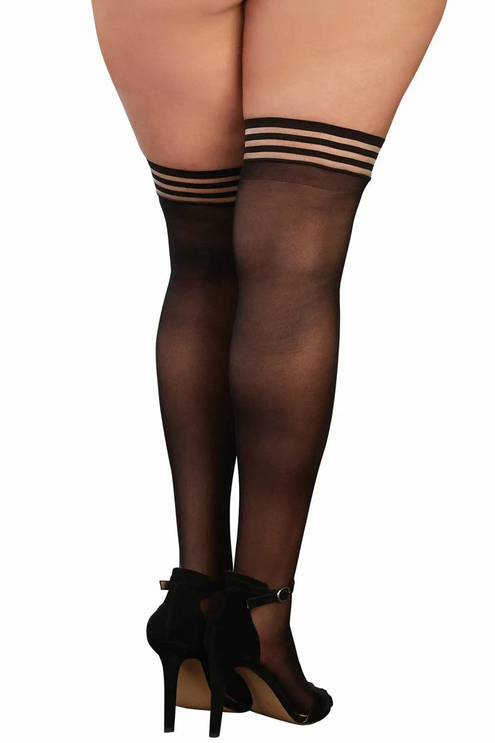 Bas noirs grande taille avec jarretières rayées, extensibles en nylon élasthanne, élégants et confortables pour femmes ron...