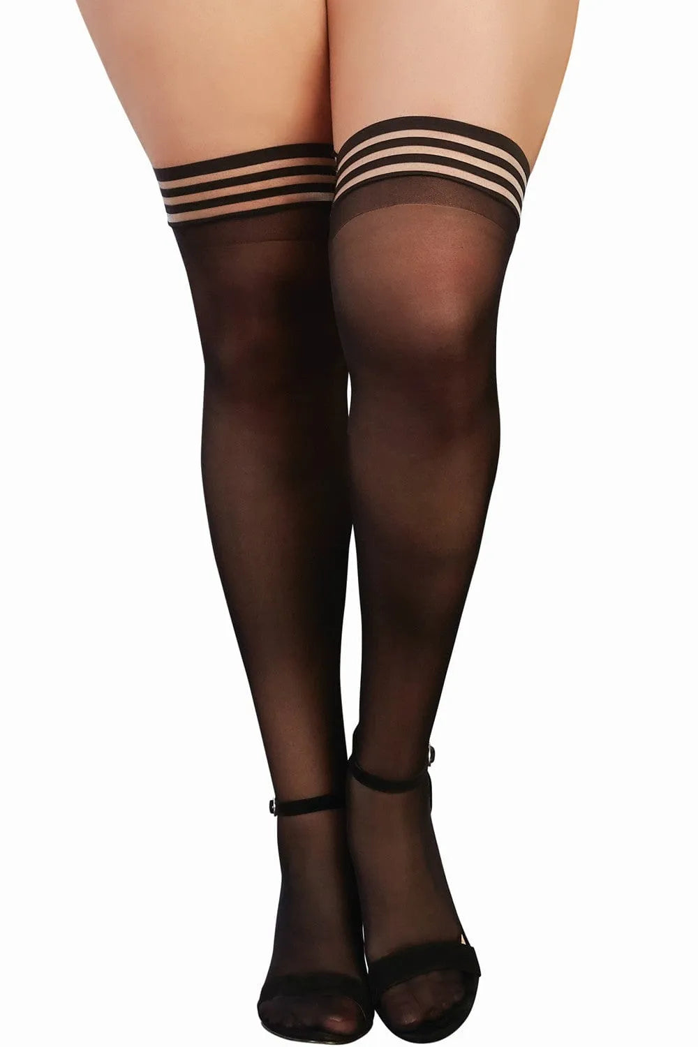 Bas noirs grande taille Dreamgirl, nylon élasthanne, jarretières rayées, élégants et sculptants pour femmes rondes.