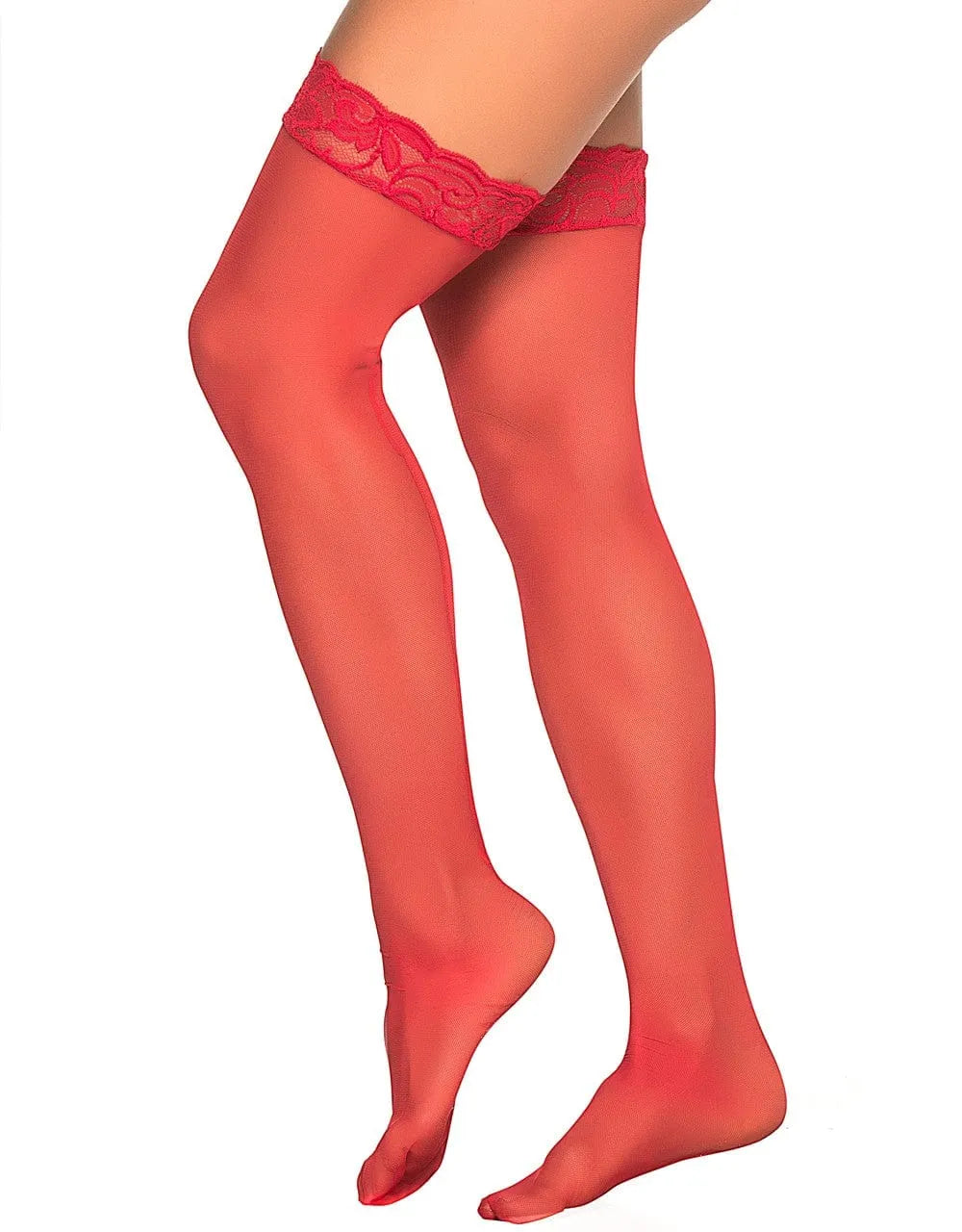 Bas rouges opaques avec jarretière dentelle et bande silicone, autofixants, élégants et confortables pour un look glamour.