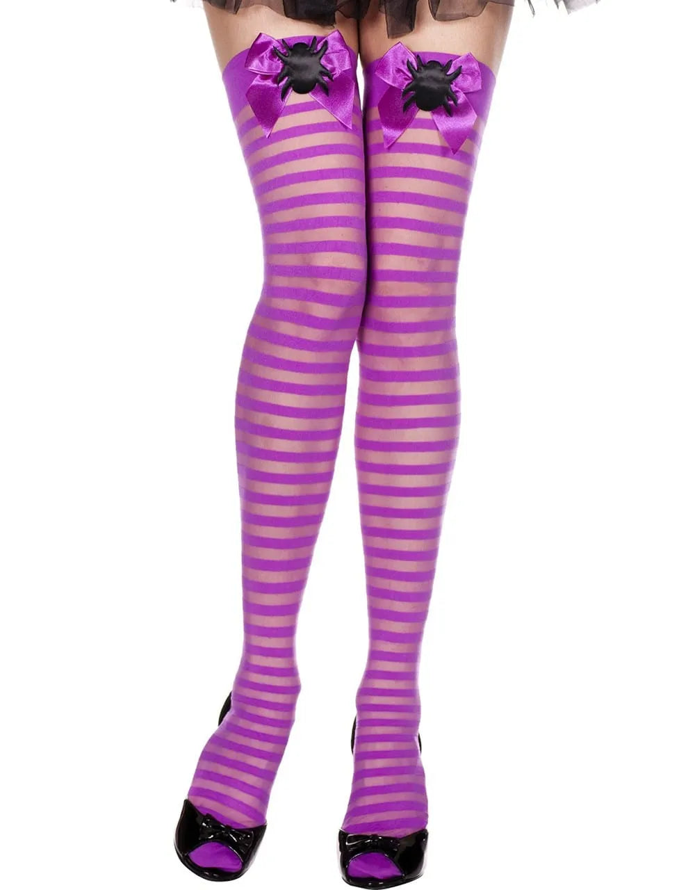 Bas violet rayés opaque et transparent avec noeuds satinés et araignées, idéal pour déguisement Halloween, femme.