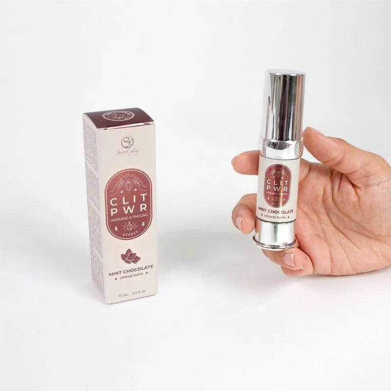 Baume stimulant clitoris chocolat menthe, flacon argenté 15ml, packaging élégant, effet chauffant vibrant.