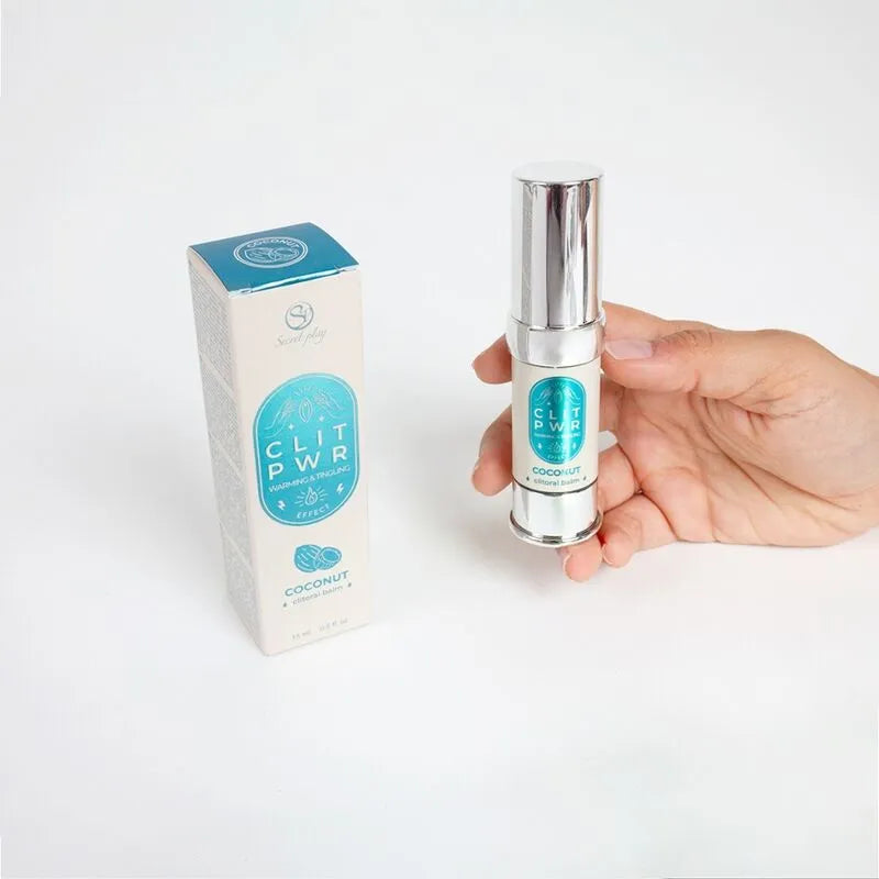 Baume stimulant clitoris chauffant, flacon argenté 15ml, boîte blanche et bleue, intensifie plaisir féminin.
