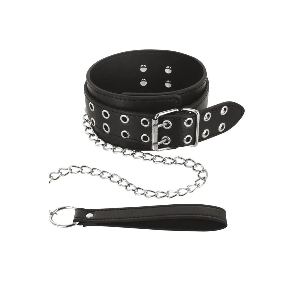 collier laisse BDSM noir réglable large confortable double rangée oeillets fermeture 79cm élégance haute qualité résistant