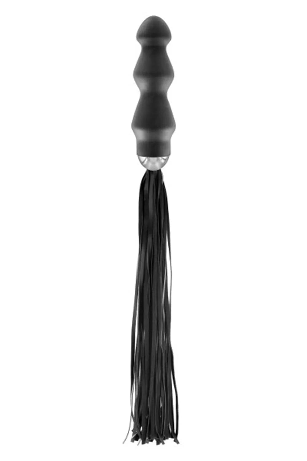 Martinet BDSM noir avec lanières en simili cuir et plug à 3 boules, longueur totale 45 cm, pour expériences sensorielles.