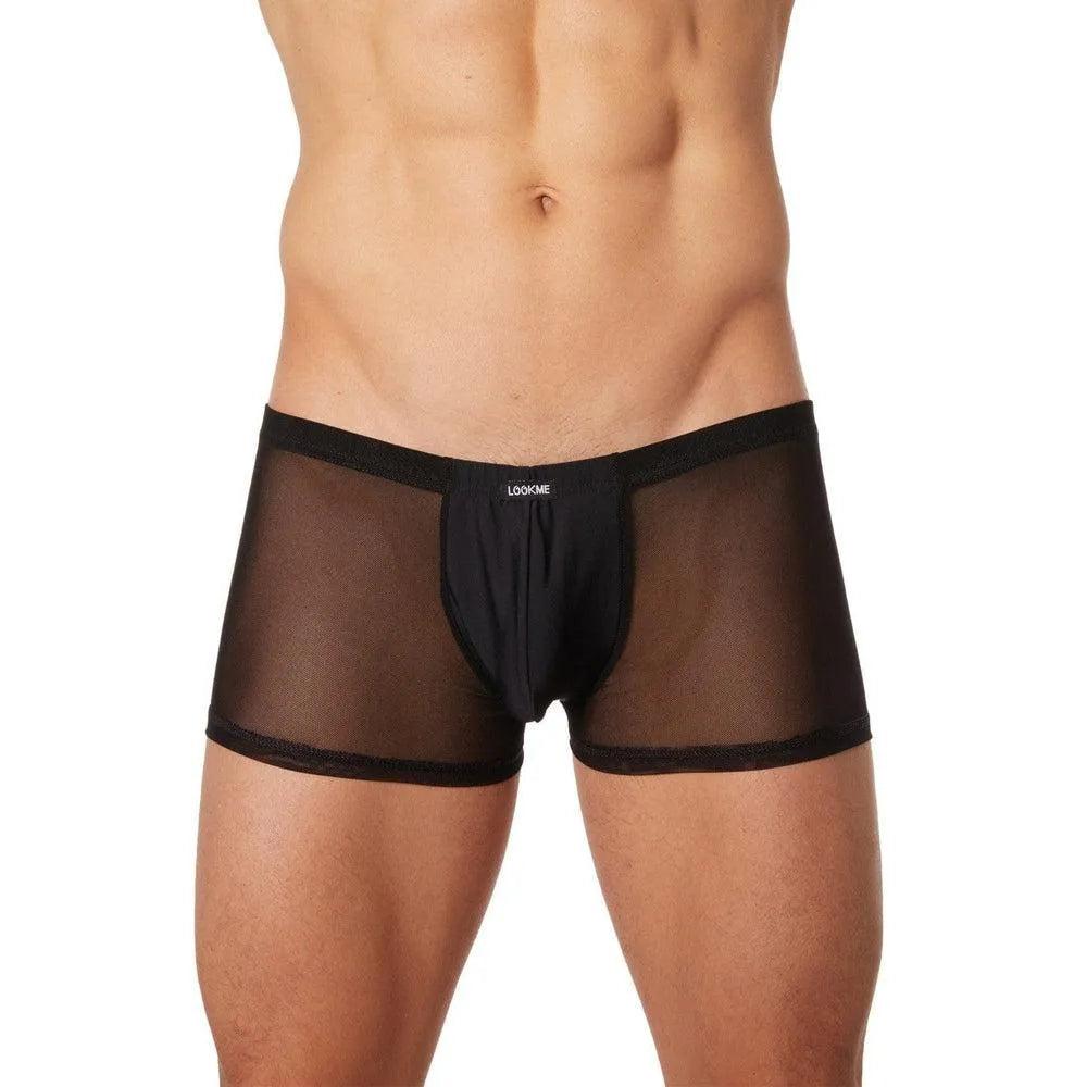 boxer homme noir maille transparente face avant anatomie opaque arrière brillant ajouré trous tissu fin polyester elasthanne sensuel tendance moderne