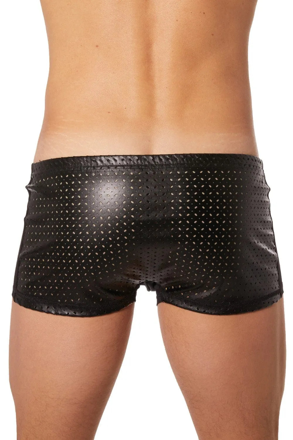 Boxer homme noir, maille transparente avant, arrière brillant ajouré, tissu polyester élasthanne, look moderne et sensuel.
