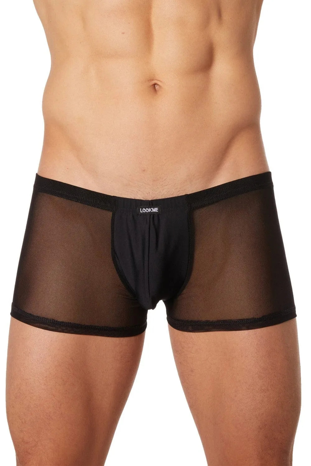 Boxer homme noir maille transparente avant, opaque anatomie, arrière brillant ajouré, polyester élasthanne tendance.