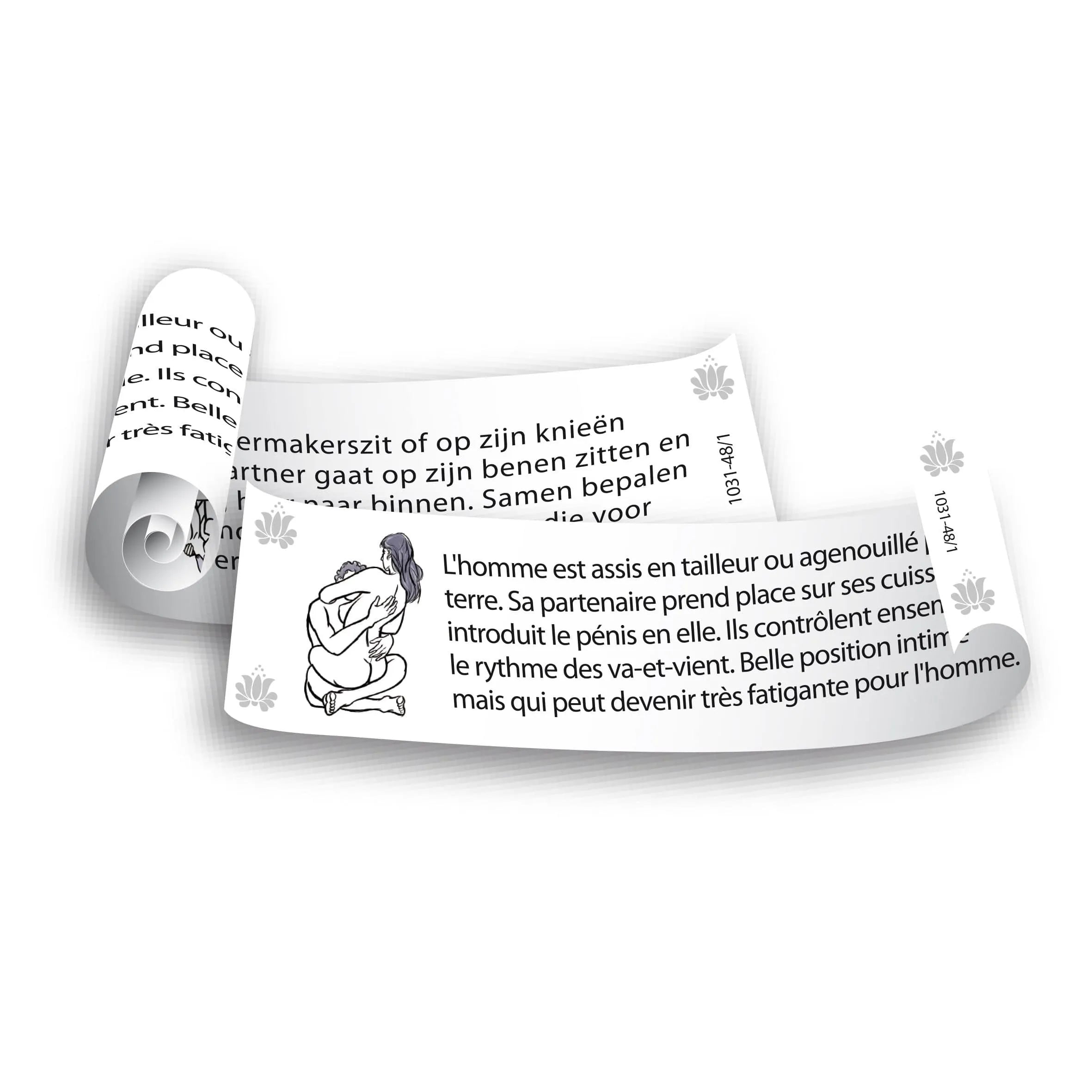 Boîte jeu couple Kamasutra avec rouleaux papier, pince, 69 positions érotiques, fond blanc, design romantique.