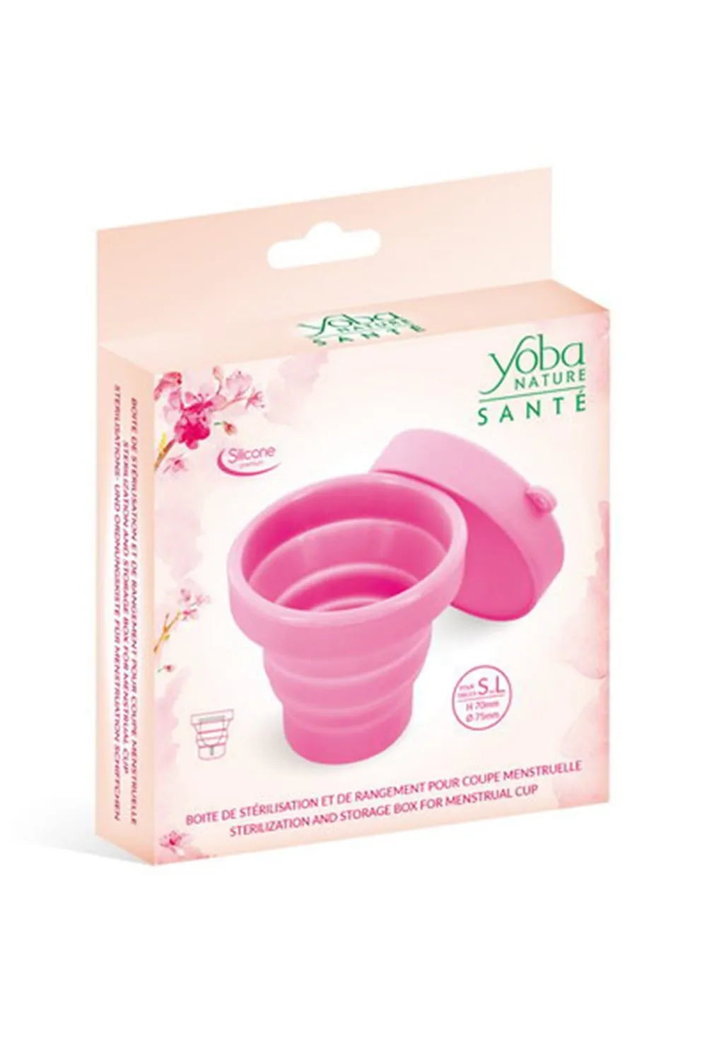 Boîte stérilisation rose en silicone pliable pour coupe menstruelle, compacte et conforme normes européennes, Yoba Nature.
