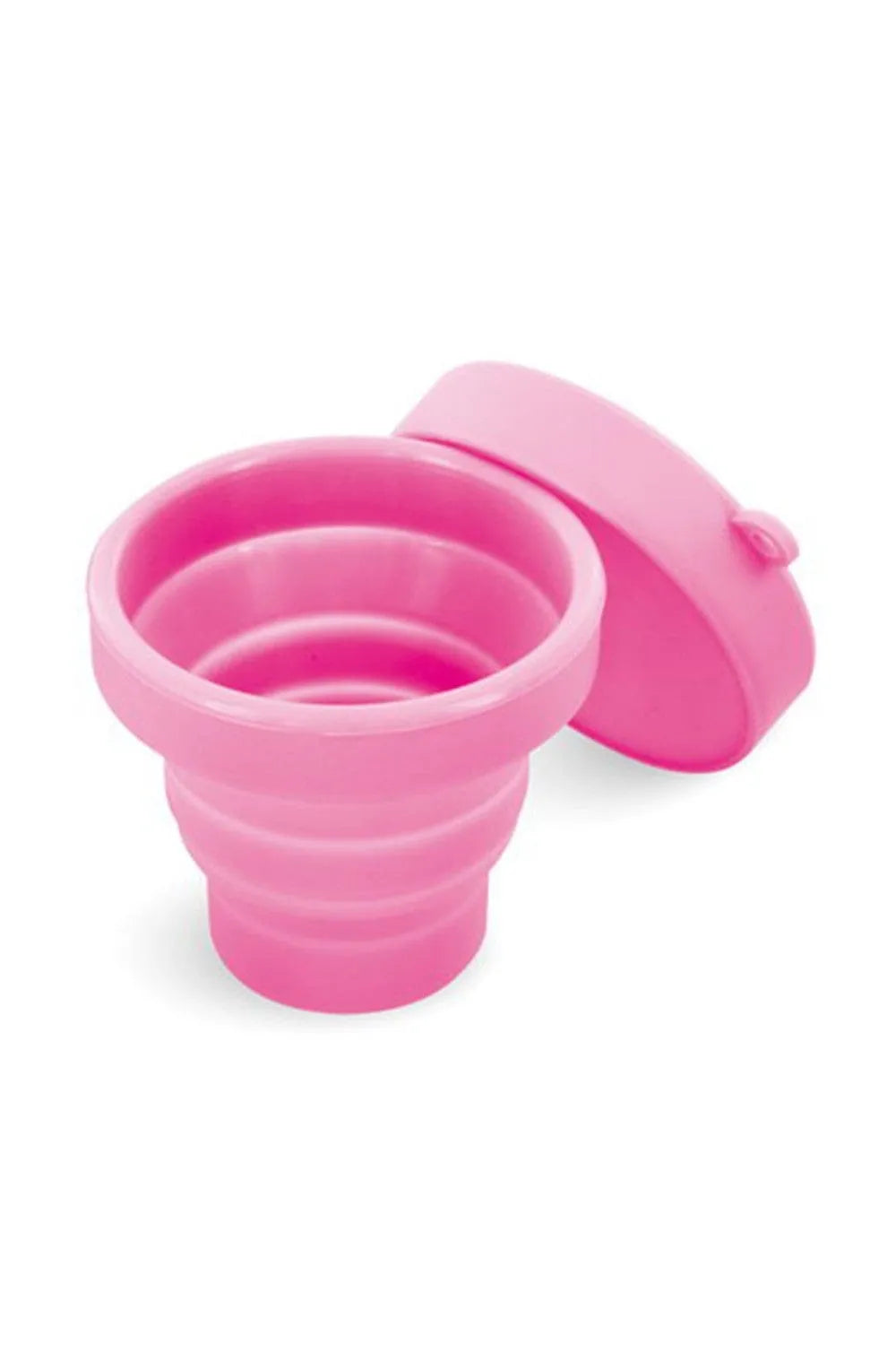 Boîte stérilisation coupe menstruelle silicone rose pliable, compacte, avec couvercle, conforme normes européennes.