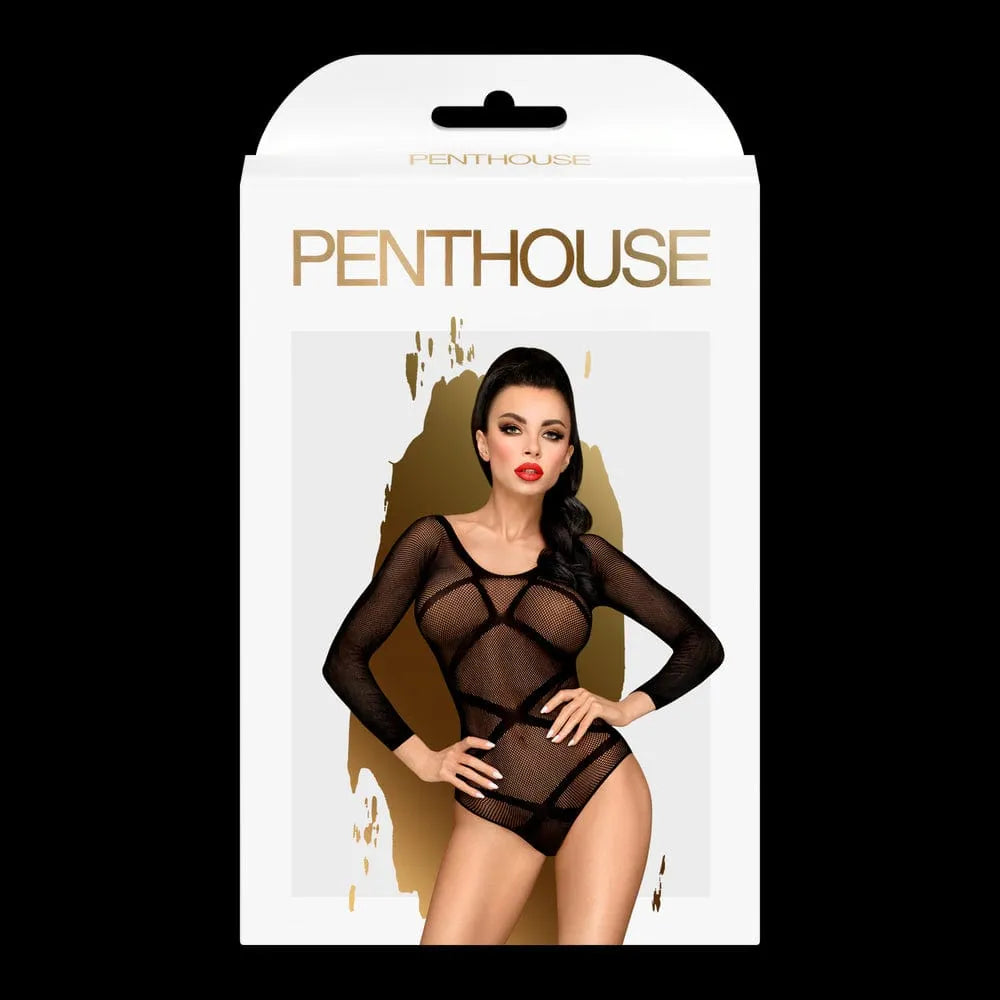 Body noir manches longues résille transparente, bandes opaques style lanières, col rond, dos nu, ouverture entrejambes.