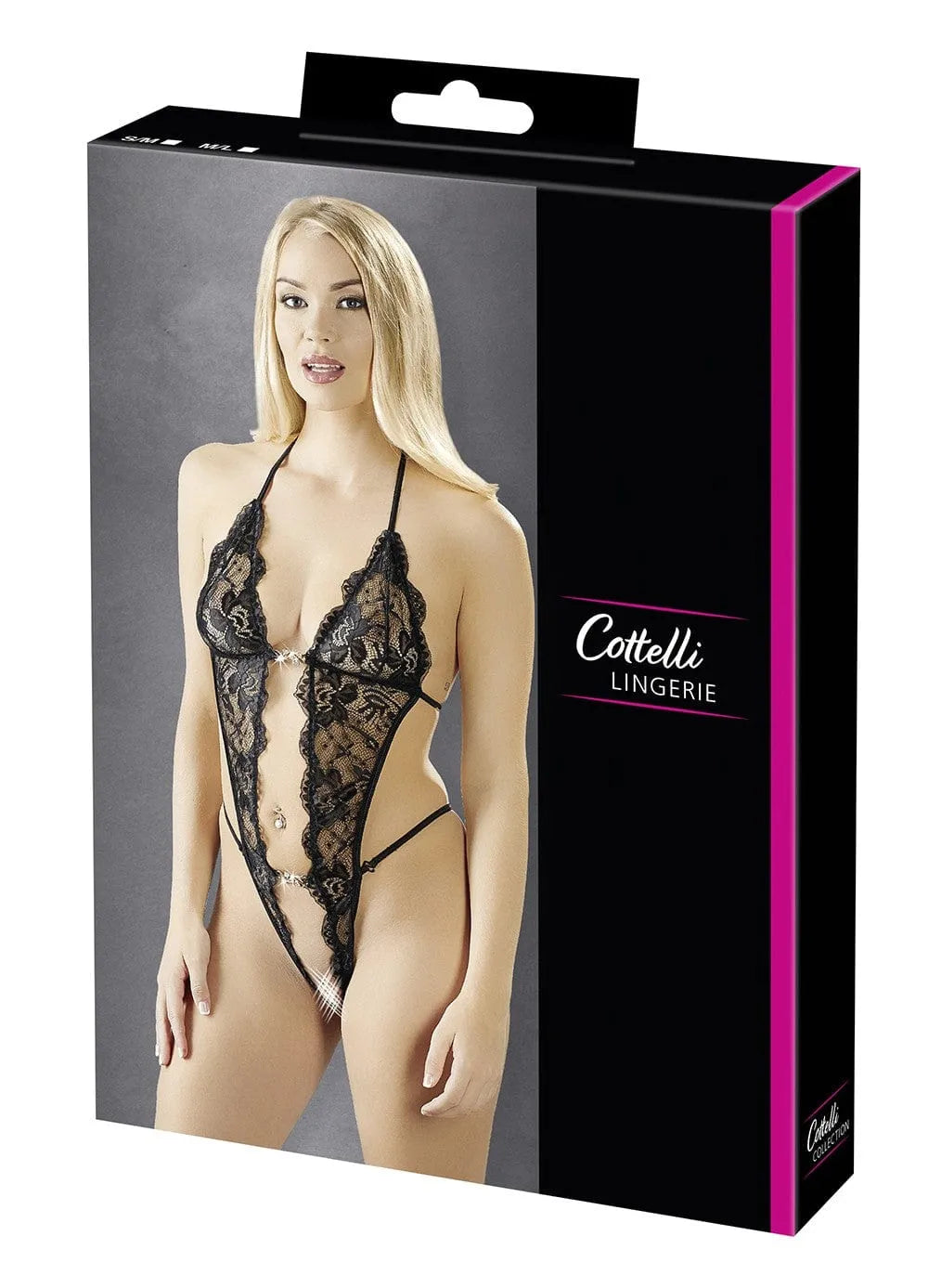 Body dentelle florale noire col V profond entrejambe attache nouage bijoux strass décolleté nombril string polyamide élasthanne sexy Cottelli