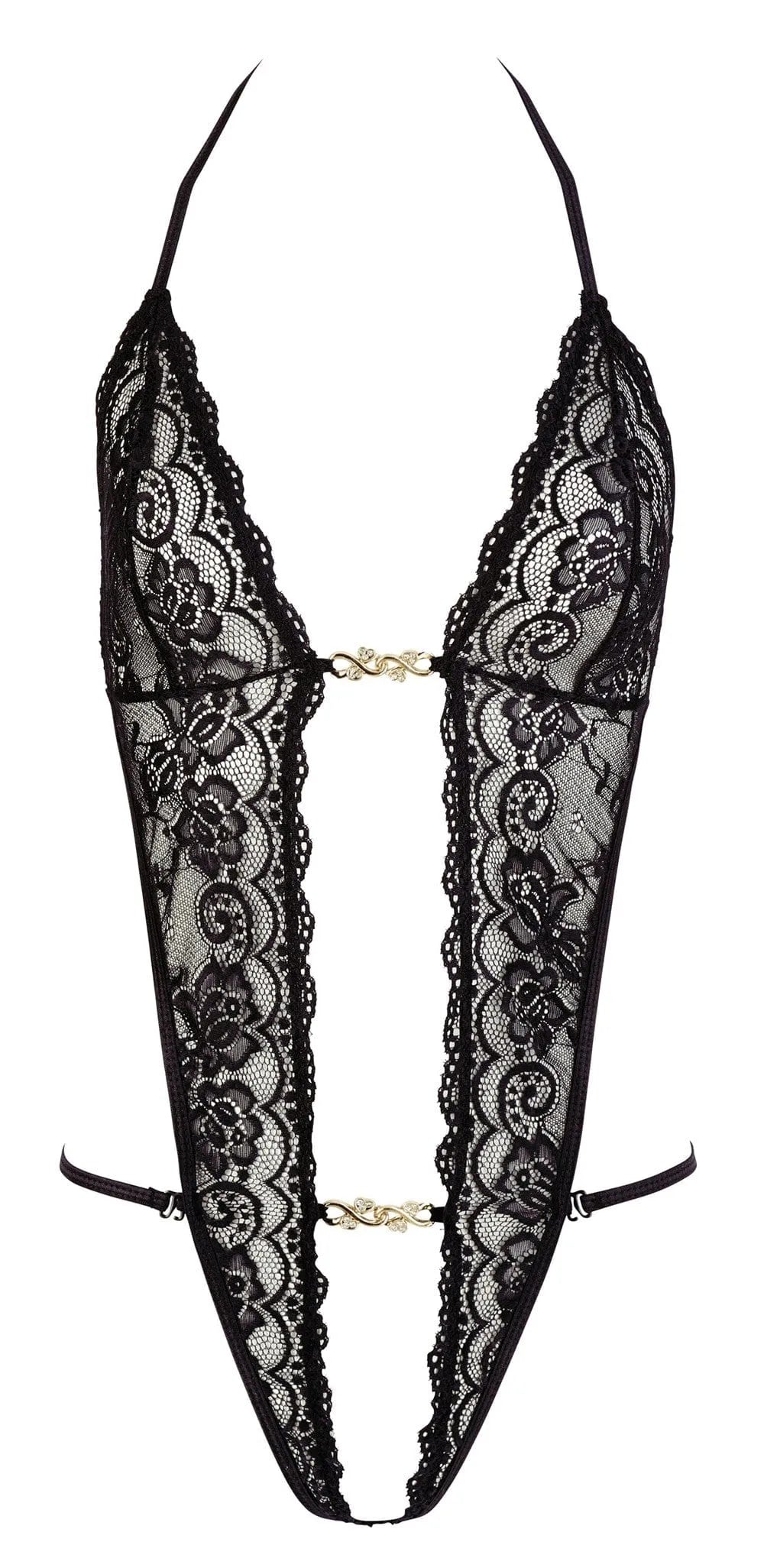 Body dentelle florale noire, col V profond, bijoux strass, attache nouage, string, élégant et sexy, Cottelli.