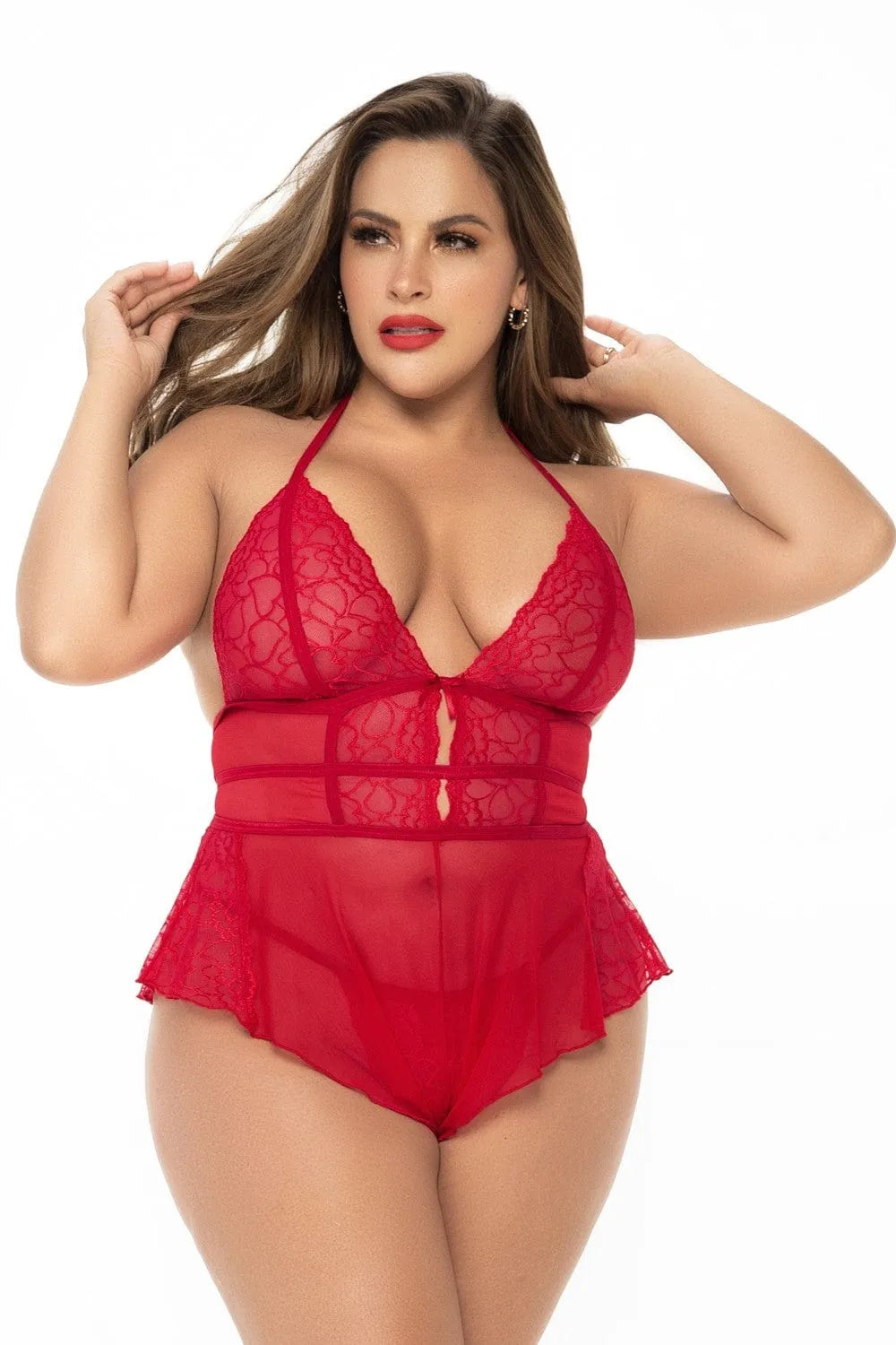 body babydoll rouge grande taille string assorti laçage cou attaches dos ajustables nylon élasthanne extensible sensualité élégance glamour