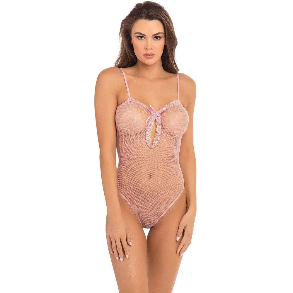 body dentelle rose résille pois bretelles fines noeud satin bonnets ourlet délicat ouverture entrejambe extensible doux sensuel élégant