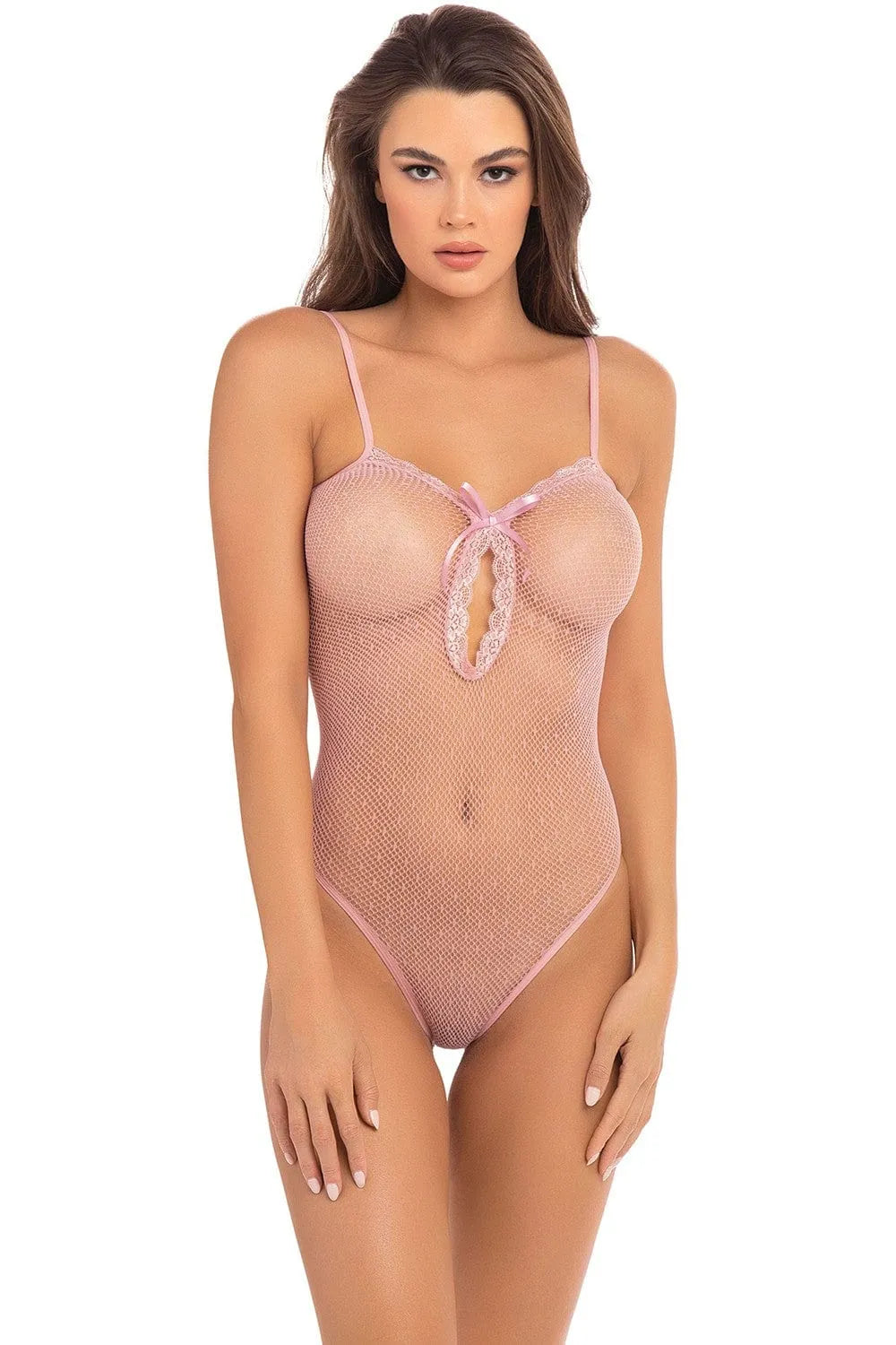 Body dentelle rose résille pois, bretelles fines, noeud satin, bonnets délicats, ouverture entrejambe, élégant et sensuel.