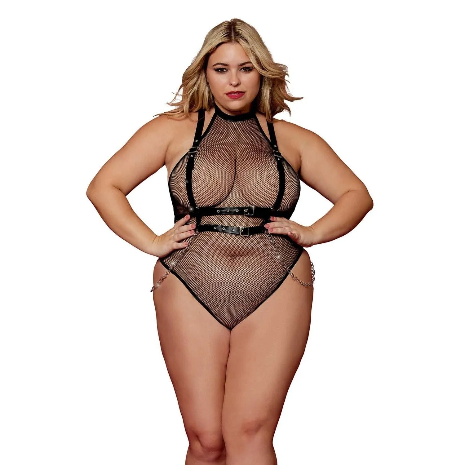 Body En Résille Noir Grande Taille Avec Harnais Chaînes