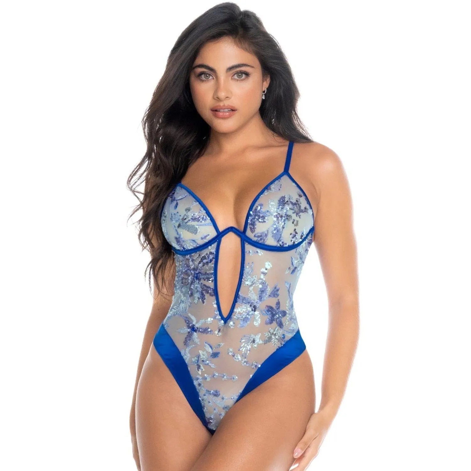 body féminin maille brodée sequins satinés scintillants délicat armatures intégrées maintien optimal bretelles réglables coupe brésilienne fermeture réglable entrejambe sensuelle