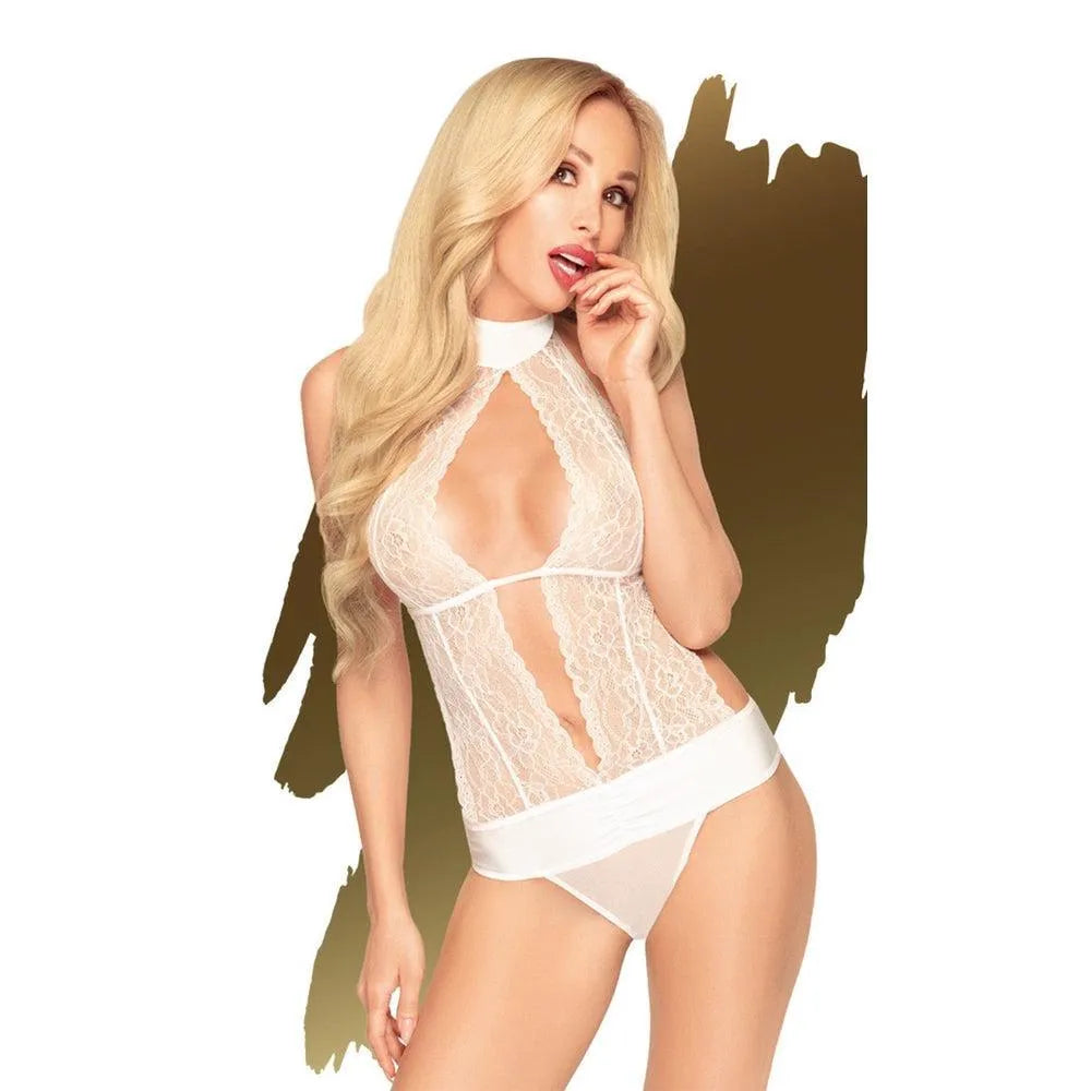 Body femme blanc sensuel dentelle motif floral transparence encolure sensuelle dos ouvert nylon élasthanne taille S M