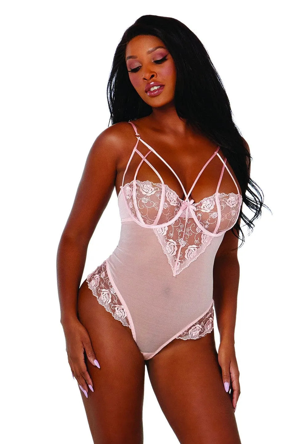 Body femme rose pâle en résille et dentelle florale, bonnets à armatures, lanières décoratives, bretelles réglables.