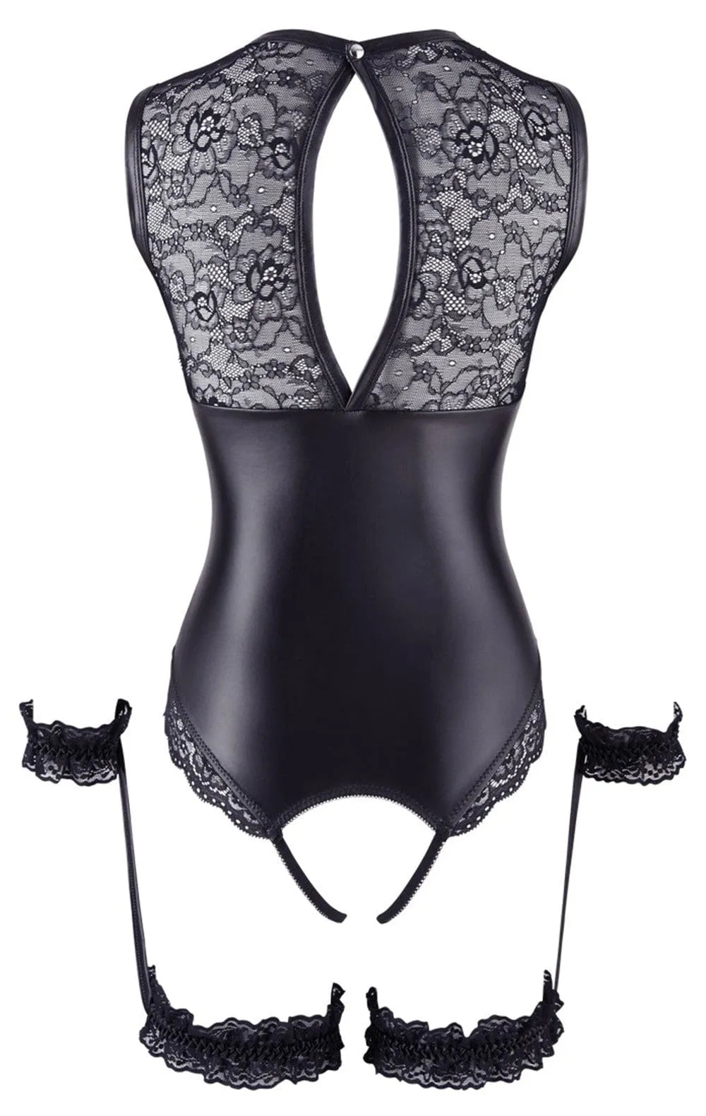 Body noir ouvert en dentelle et simili cuir, anneau argenté, jarretières et menottes dentelle, look séduisant.