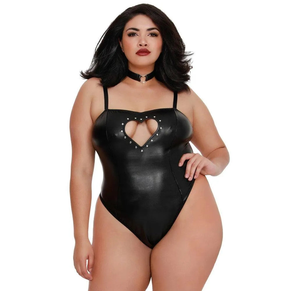 Body grande taille aspect cuir fétichiste bustier bretelles réglables ouverture cœur décoration métallique dos fine maille tour cou anneau polyester