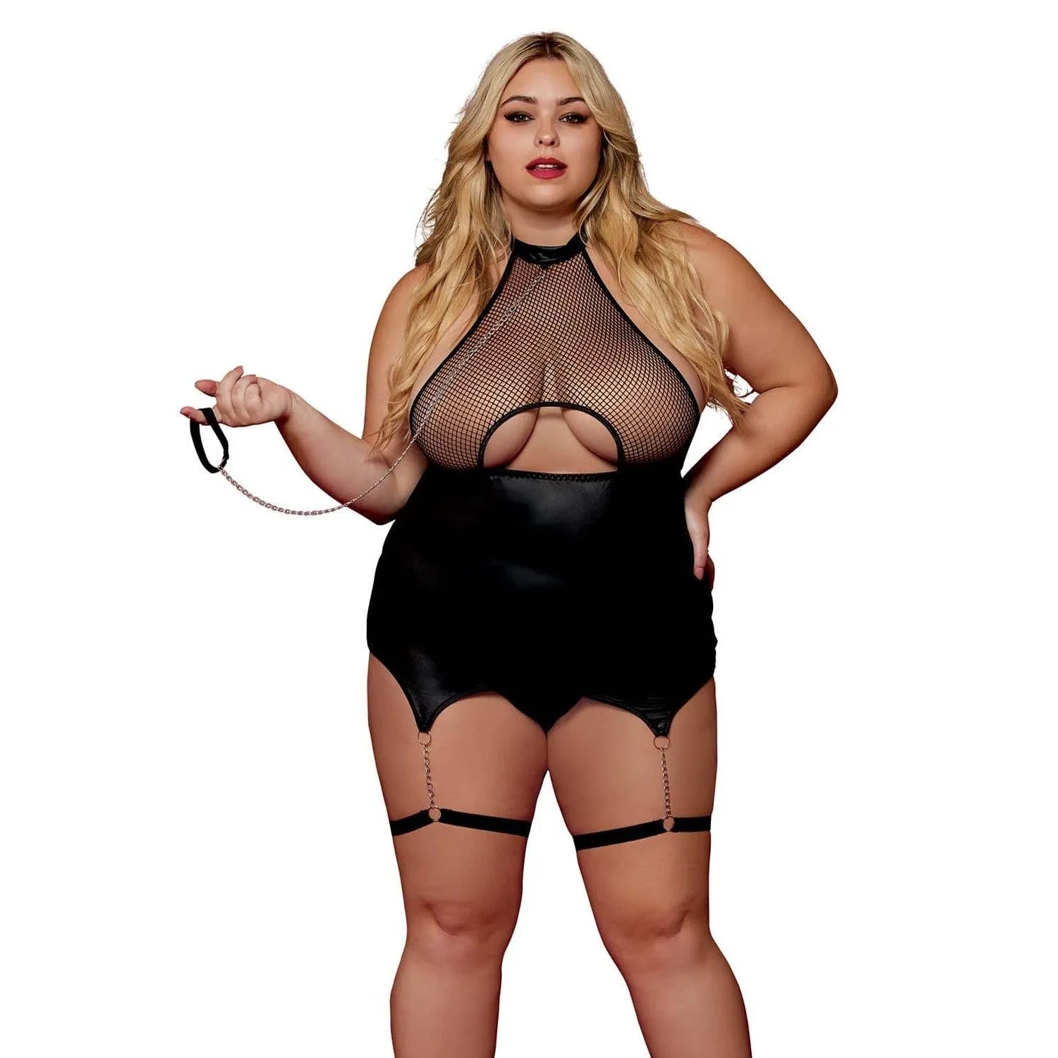 Body grande taille maille large corset intégré portejarretelles chaines argentées dos nu fermeture élastique laisse chaine poignet similicuir polyester élasthanne