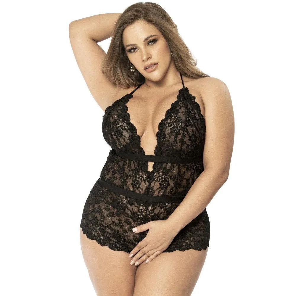 body grande taille dentelle florale noir dos nu ouvert avant arrière sexy élégant intemporel nylon elasthanne
