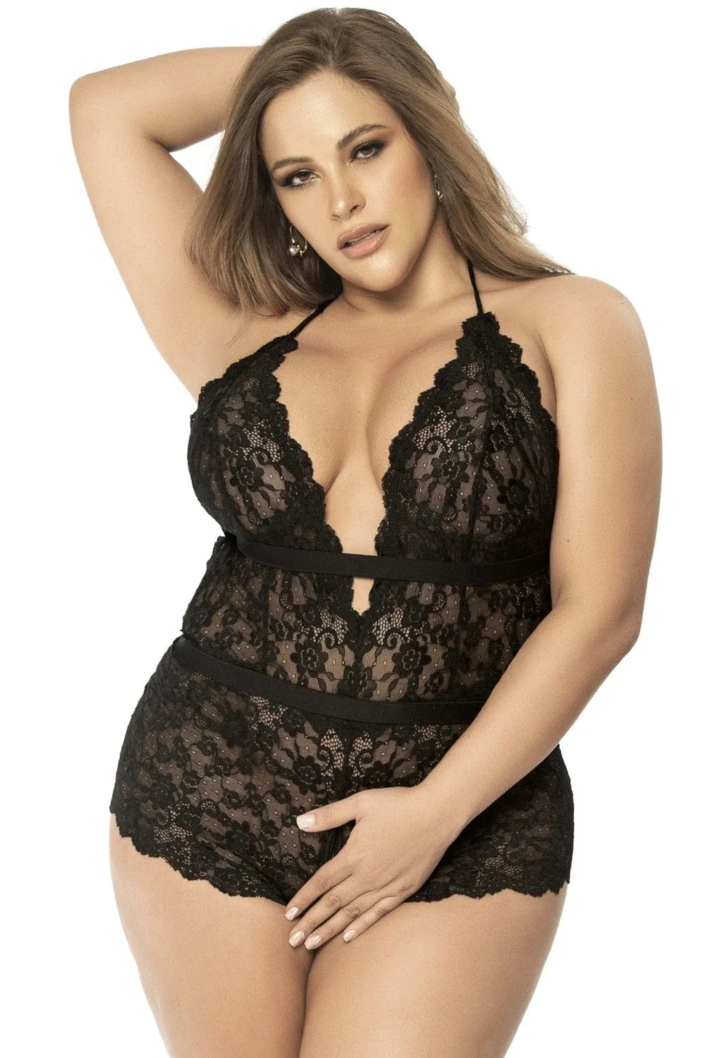 Body grande taille noir en dentelle florale, dos nu, design ouvert, élégant et sexy, parfait pour sublimer les courbes.