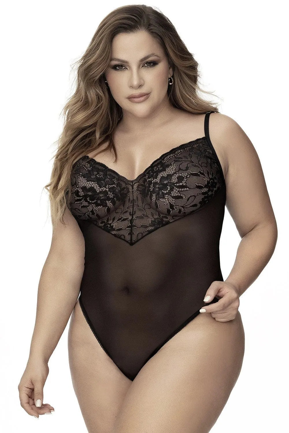 Body Grande Taille Dentelle Noire Romantique Résille Transparente Bretelles Réglables Fermeture Entrejambe Florale Sensuel Élégant Sophistiqué Douceur Extensible