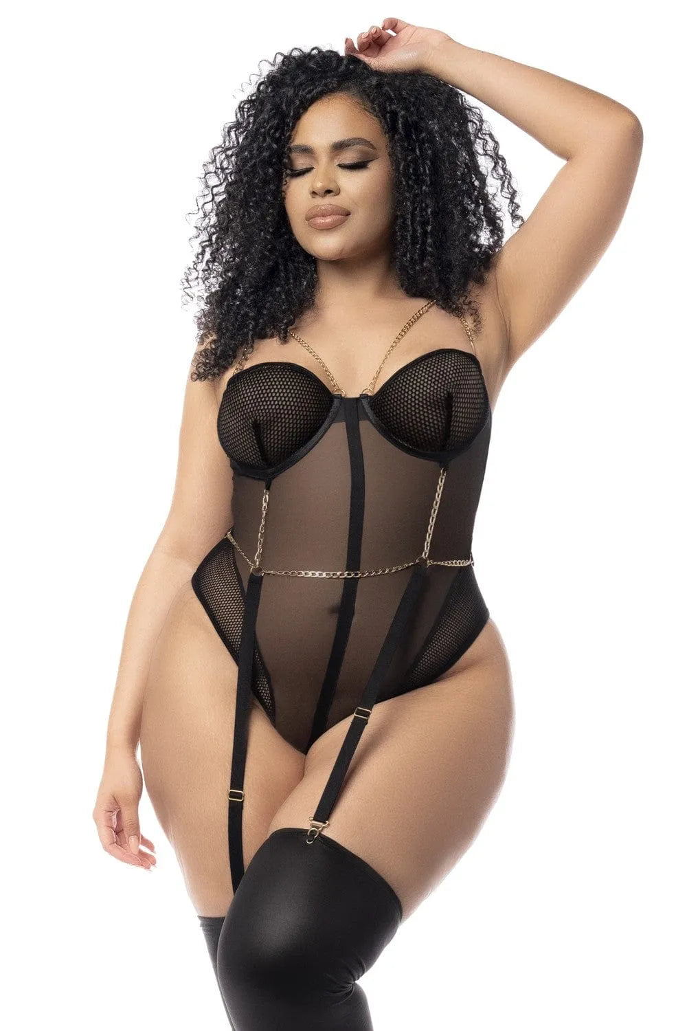 Body grande taille résille noire transparente chaînes dorées sensuelle luxe bretelles ajustables jarretelles maintien dos plongeant bonnets cerclés filet confortable