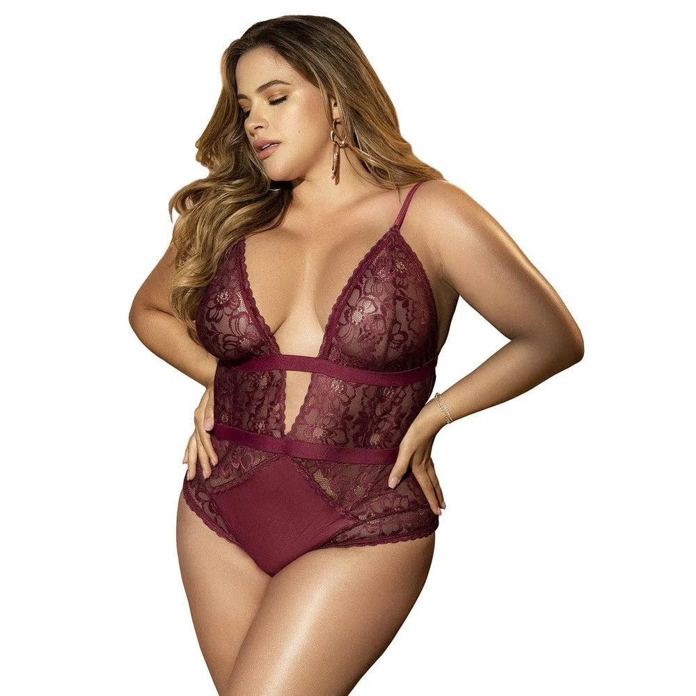 Body Grande Taille Glamour Dentelle Transparente Motif Floral Délicat Bretelles Réglables Fermeture Crochet Entrejambe Confort Séduction
