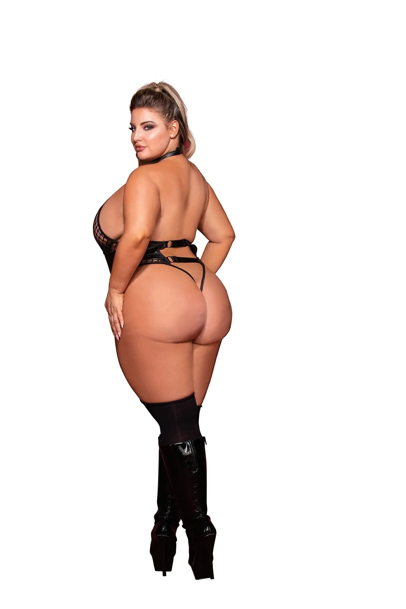 Body grande taille résille noir, ceinture similicuir style corset, dos nu, collier avec laisse chaîne, élastiques réglables.