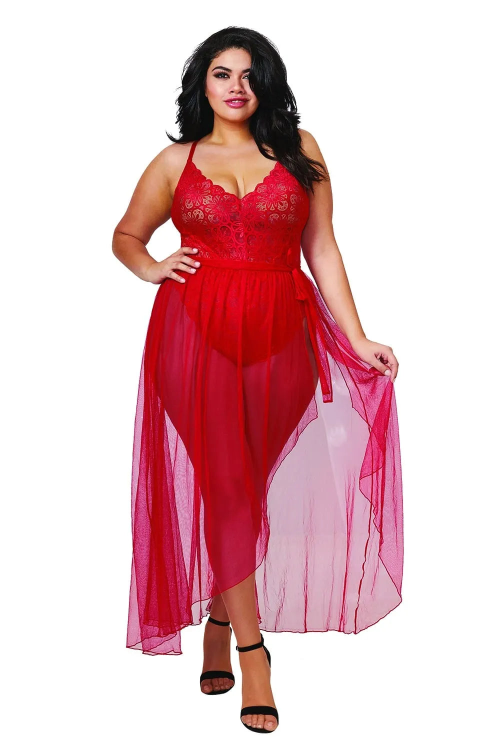 Body Grande Taille Rouge Dentelle Sexy Femme Ronde Coupe Échancrée Hanches Dos Quasi Nu Bretelles Réglables Jupe Longue Maille Transparente
