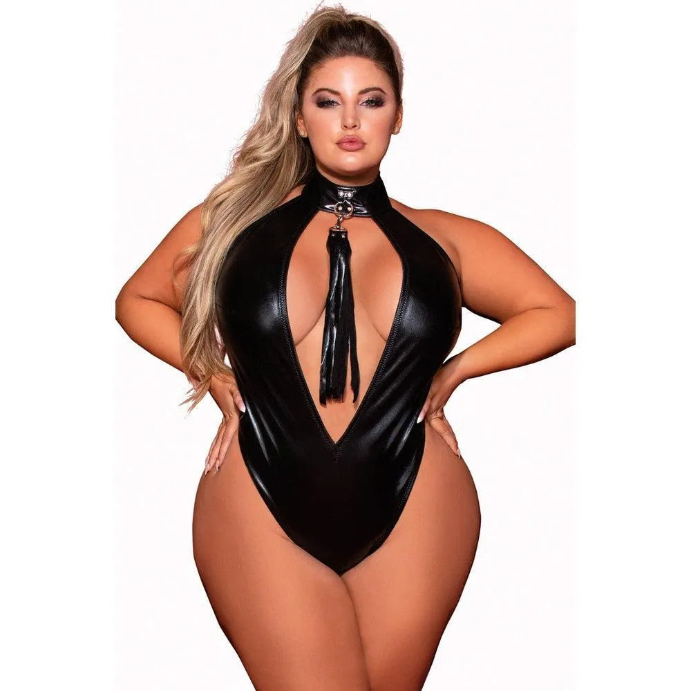 Body grande taille simili cuir clouté extensible confortable décolleté plongeant dos nu fouet amovible anneaux fermeture velcro ajustement parfait provocant