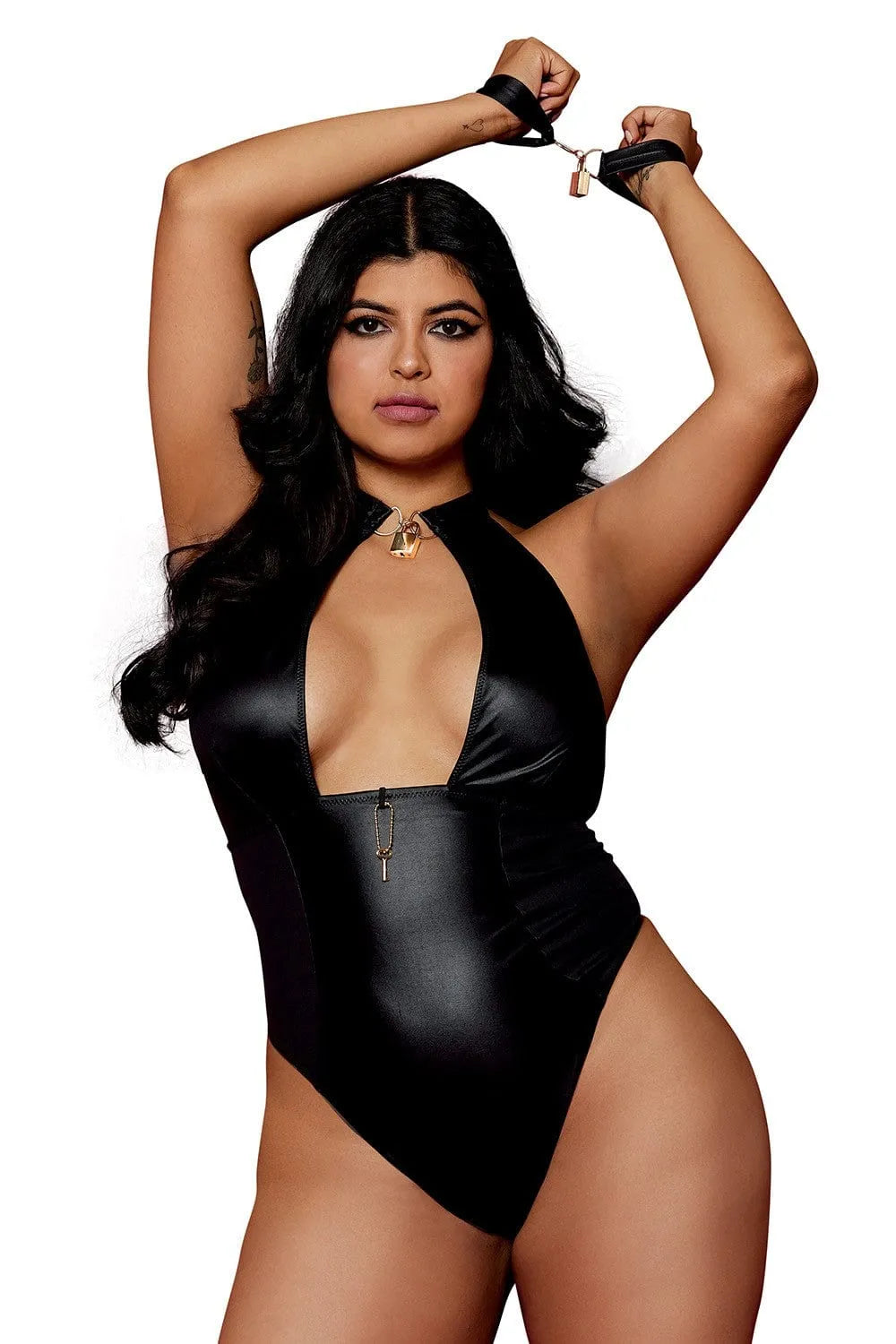 Body Grande Taille Simili Cuir Noir Extensible Col Haut Cadenas Doré Décolleté Plongeant Boucle Clé Détachable Dos Lacets