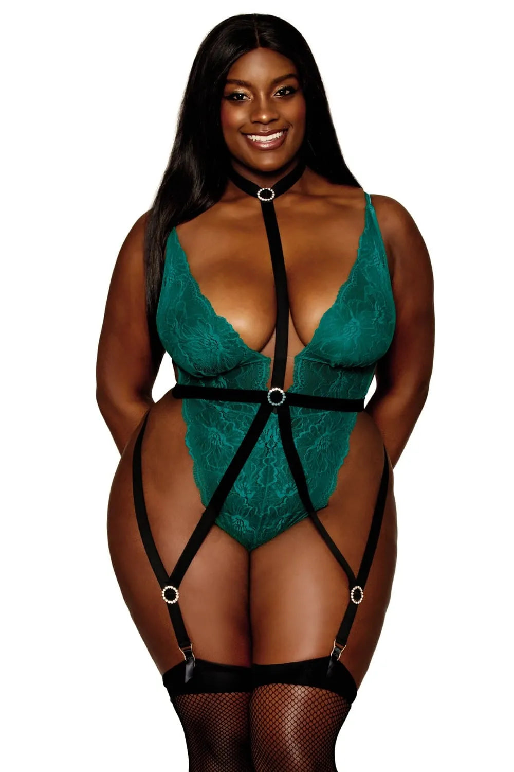 Body grande taille vert dentelle sexy élégant sensualité fine ajustable harnais noir ouverture entrejambe élasticité nylon élasthanne