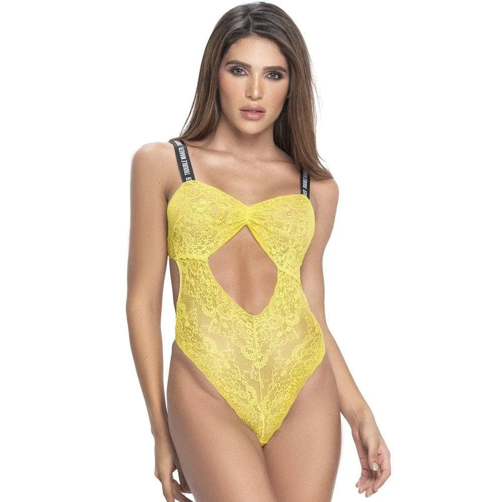 body jaune dentelle florale string bretelles larges élastiques dos nu découpe avant froncés fermeture entrejambe réglable polyamide élasthanne confort soirée