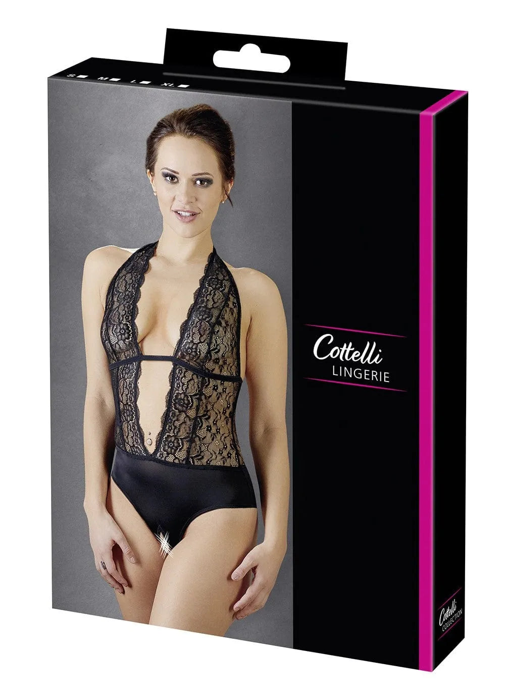 Body dentelle florale noire, large décolleté, dos nu, satin ouvert entrejambe, élégant et sexy, Cottelli Lingerie.