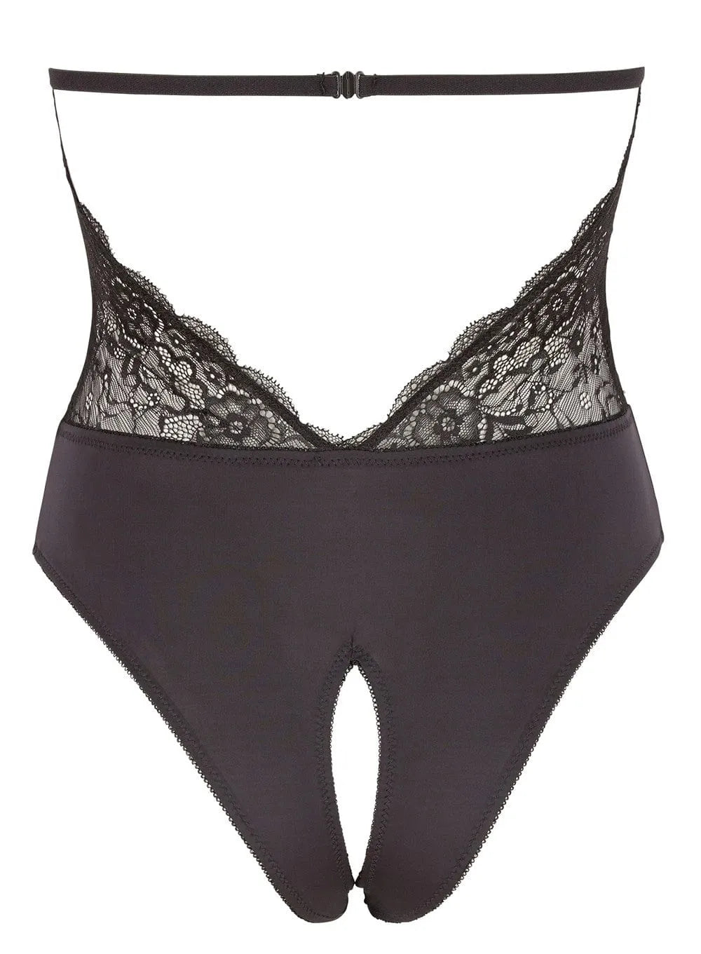 Body noir en dentelle florale, large décolleté, dos nu, satin ouvert à l'entrejambe, élégant et sexy.