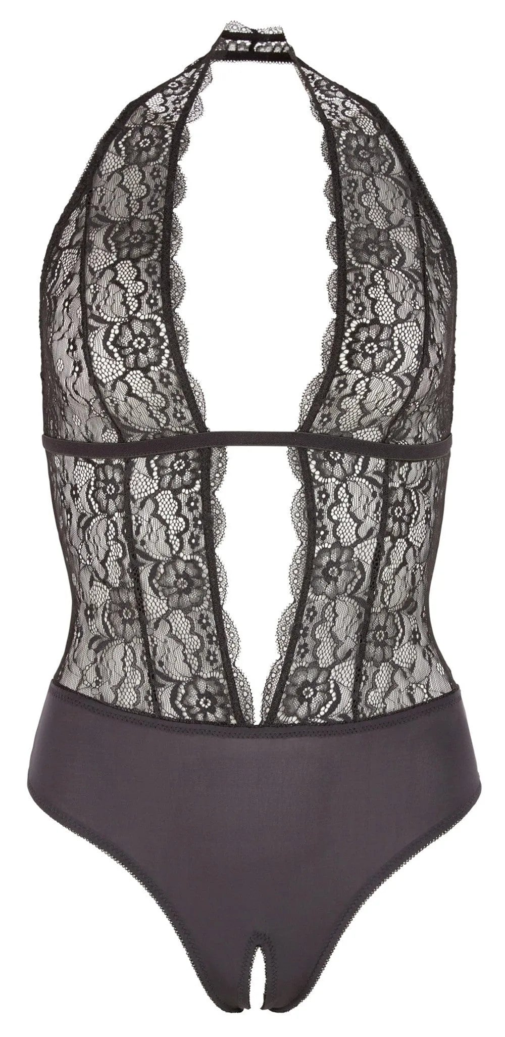 Body noir en dentelle florale avec large décolleté, dos nu, entrejambe ouvert, tissu satiné, élégant et sexy.