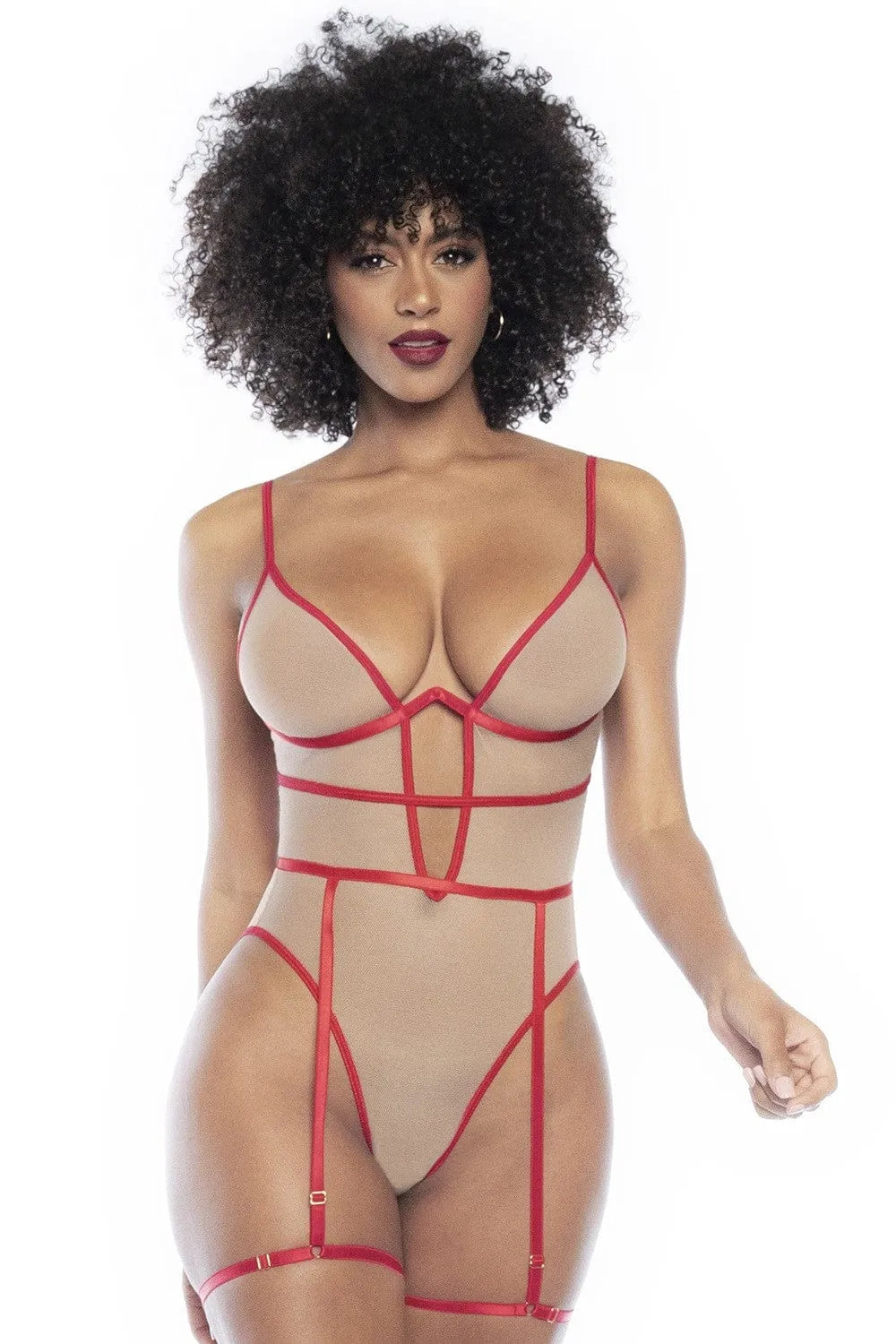 Body sexy armatures bretelles réglables portejarretelles amovible couleur chair coutures rouges large décolleté coeur brodé fesses maintien sculpté fermeture entrejambe