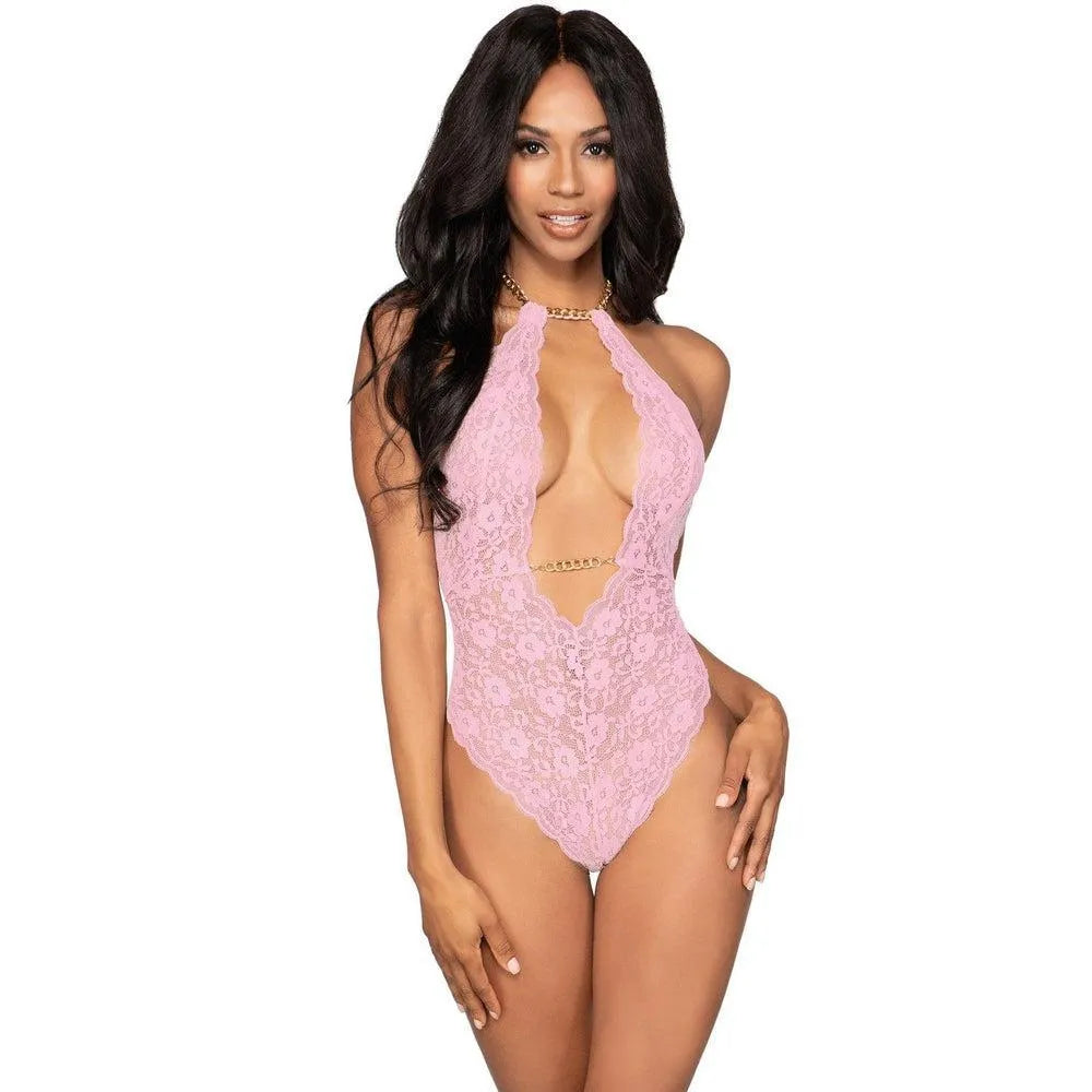 body lingerie rose dentelle nylon élasthanne dos nu chaînes amovibles collier ajustable drapé silhouette flatteuse glamour sophistiquée