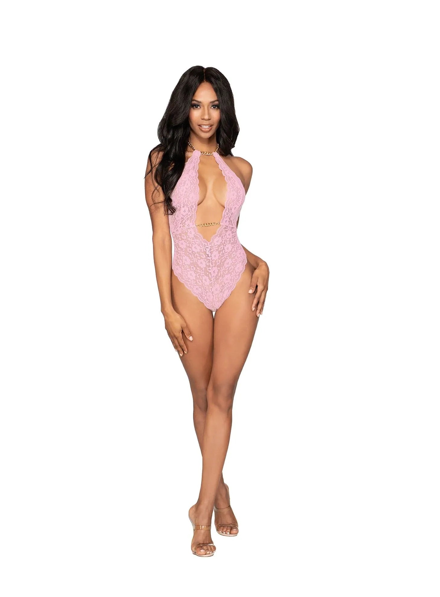 Body lingerie rose en dentelle avec dos nu, chaînes amovibles, collier ajustable, silhouette glamour et sophistiquée.