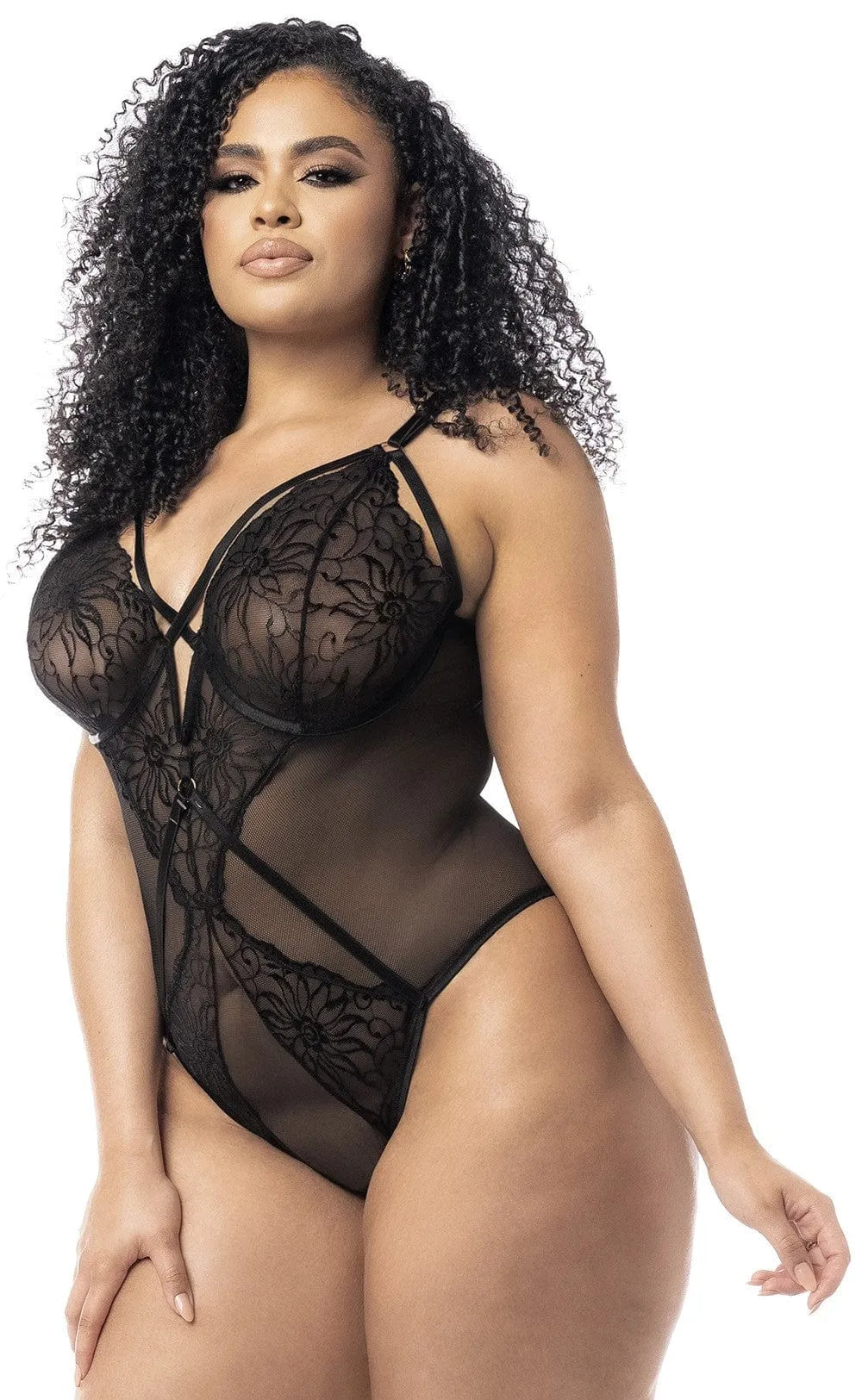 Body noir grande taille dentelle résille transparente bordure délicate bonnets cerclés maintien bretelles ajustables jarretelles détachables