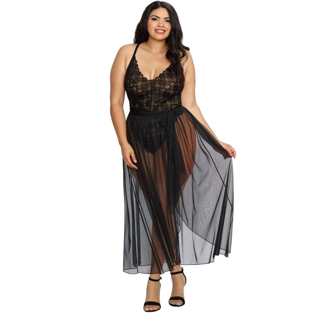 Body noir grande taille sexy dentelle courbes sublimées confortable échancrée hanches dos quasi nu bretelles réglables jupe longue transparente amovible