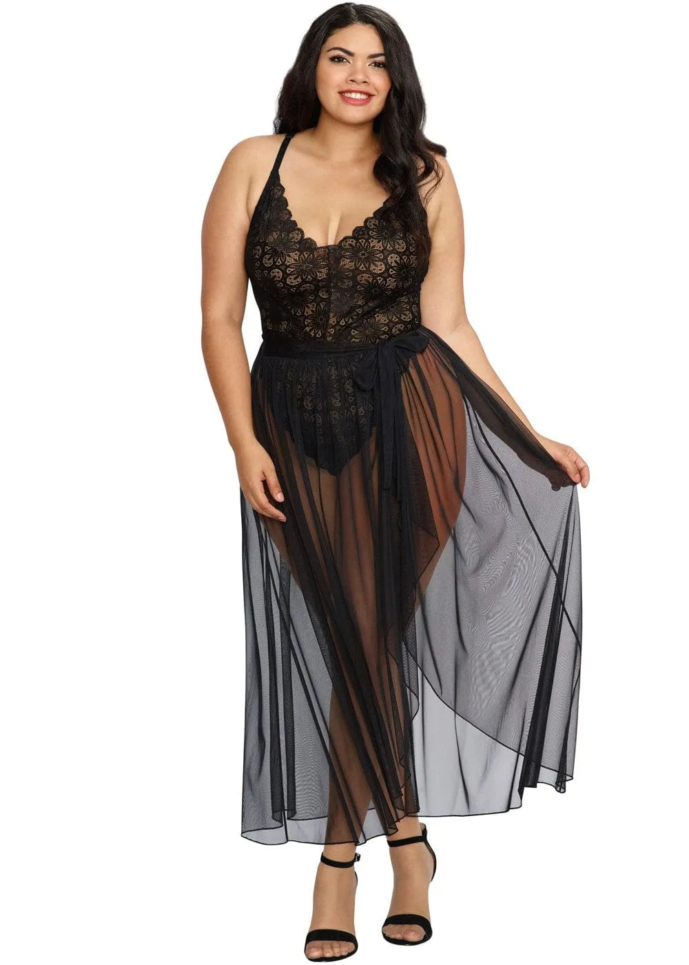 Body noir grande taille en dentelle avec jupe longue transparente, dos quasi nu, bretelles réglables, coupe échancrée.