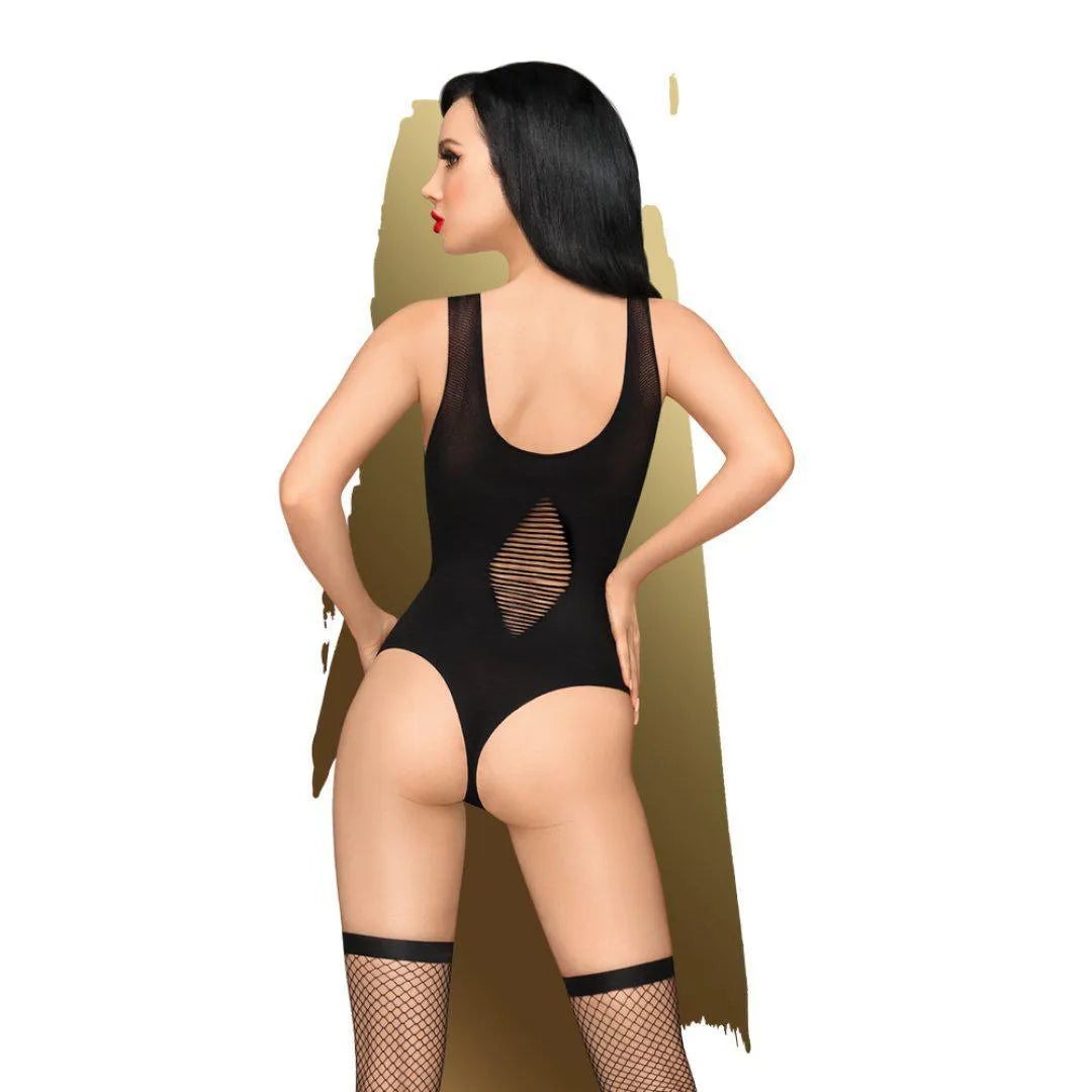 Body noir semi-opaque string avec décolleté audacieux, lanières entre seins, ouvert à l'entrejambe, ajustement parfait.