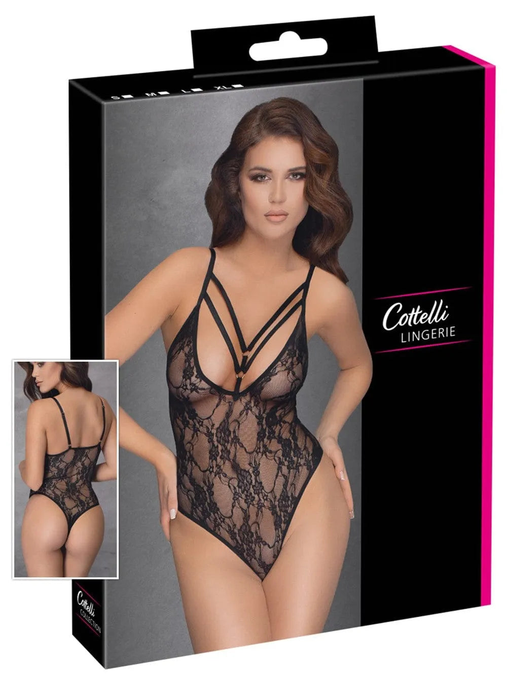 Body noir en dentelle florale, décolleté profond, anneaux dorés, bretelles réglables, style chic et sensuel.