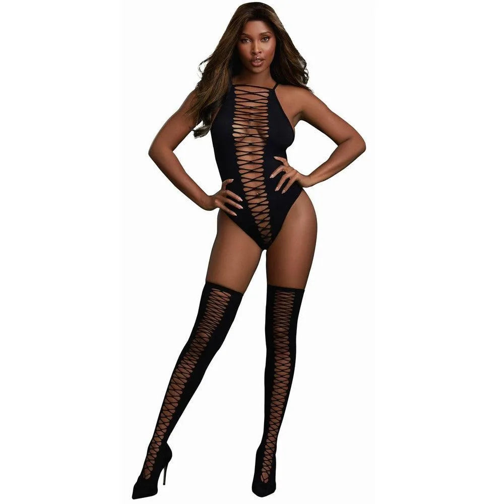 body noir transparent sans couture ajouré devant derrière décoré croisillons string bas assortis inclus nylon elasthanne extensible coupe ajustée flatteuse